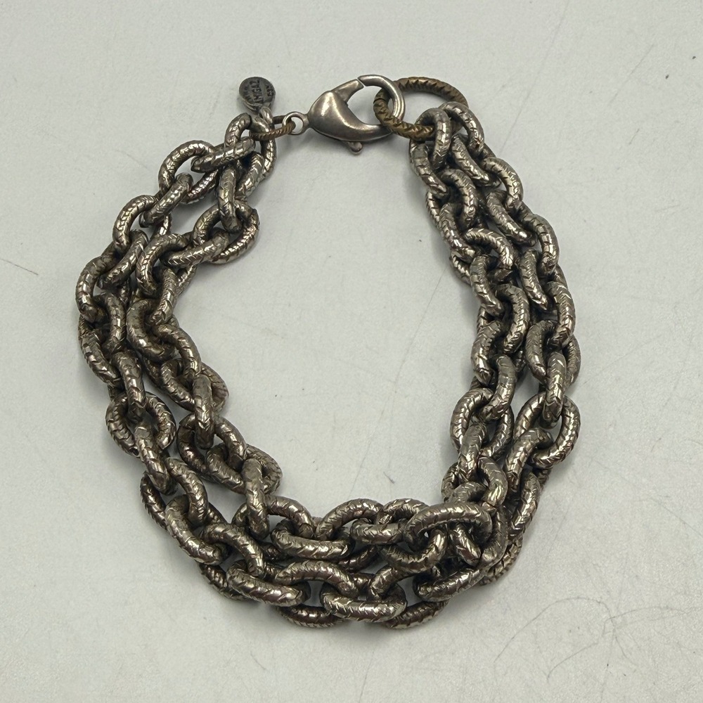 Amigaz Heavy Curb Chain Bracelet Textured Silver Tone Lobster Clasp Biker Punk